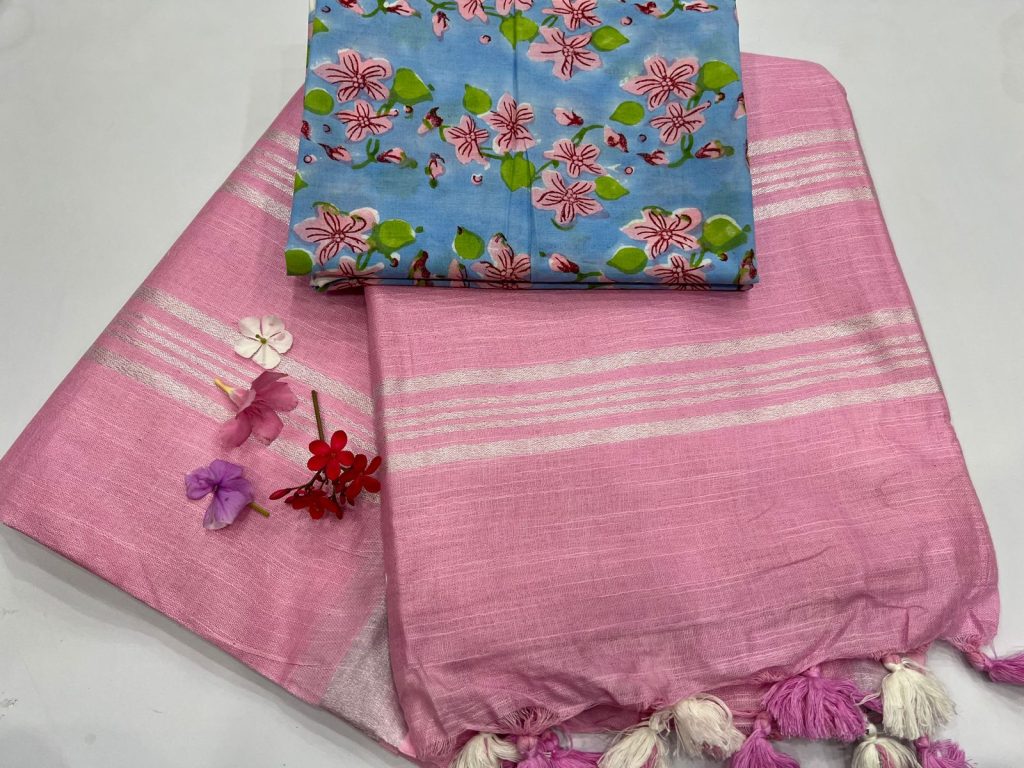 Kobi pink plain linen new saree design