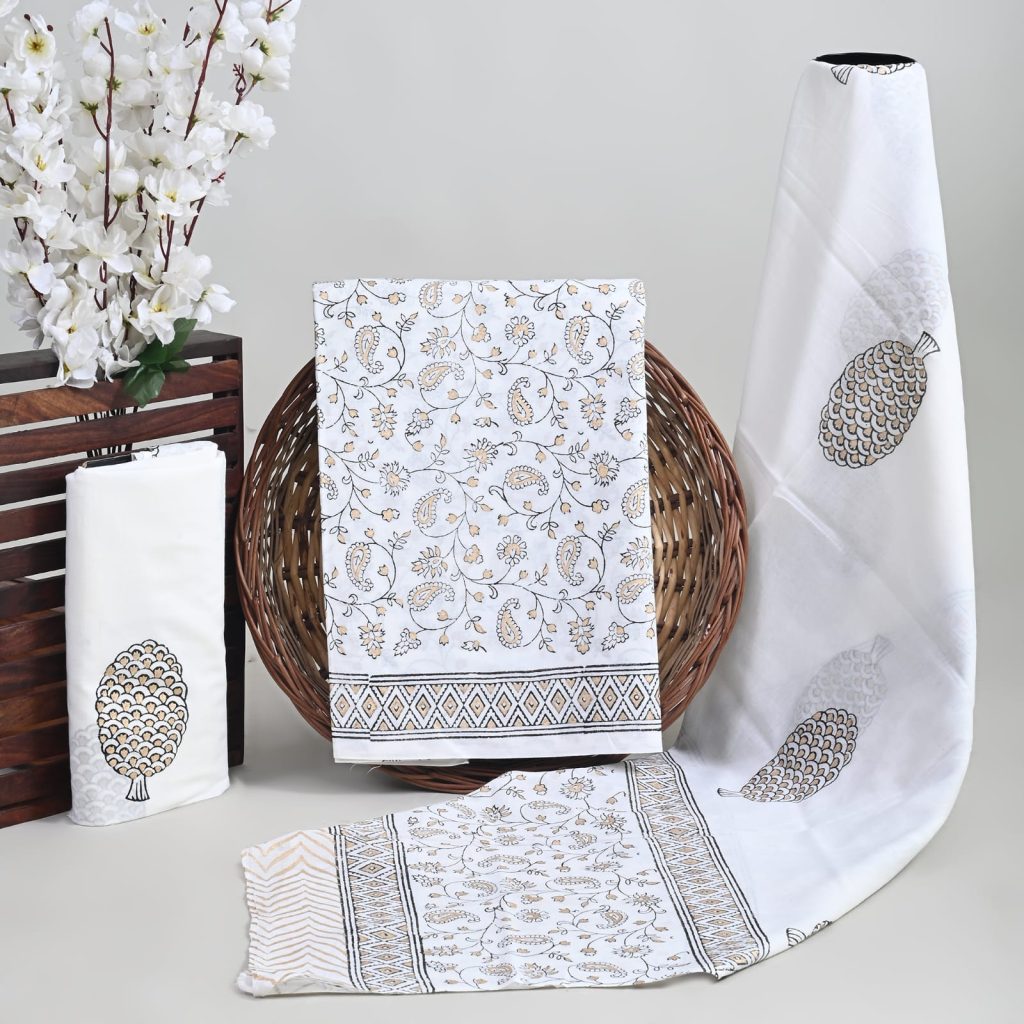 White cotton suits online with mulmul dupatta
