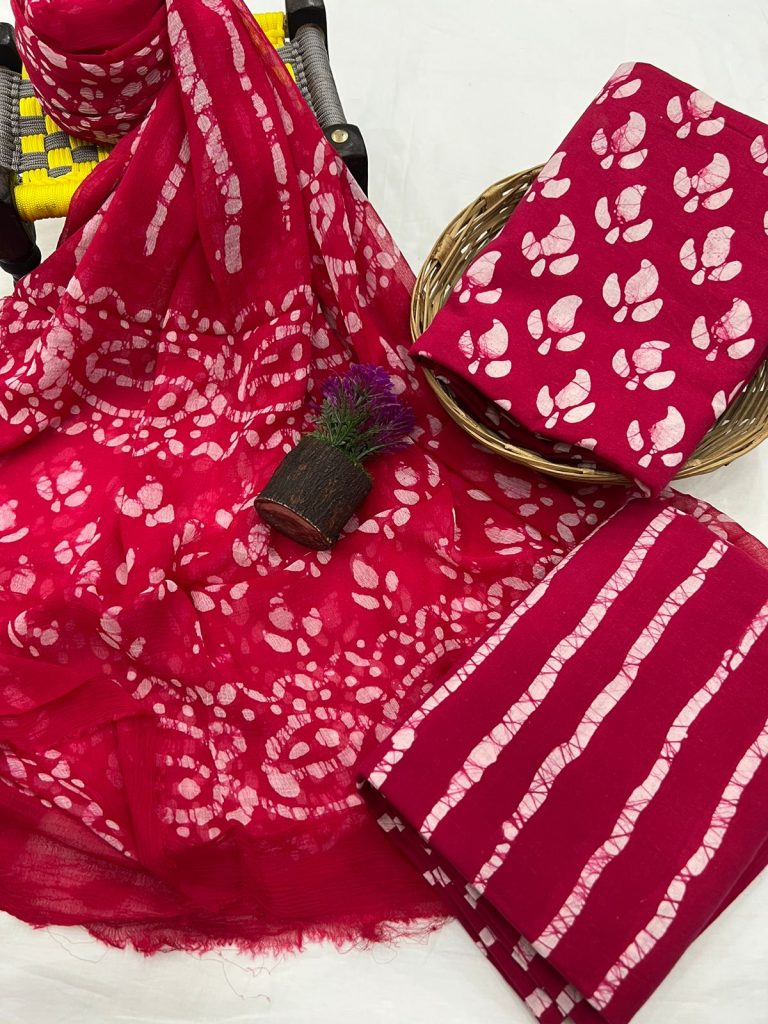 Venetian Red batik print cotton suit with chiffon dupatta online