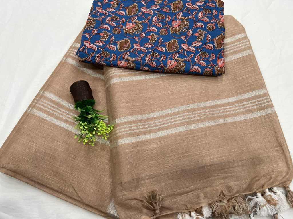 Thatch color pure linen sarees with zari border and blue printed blouse