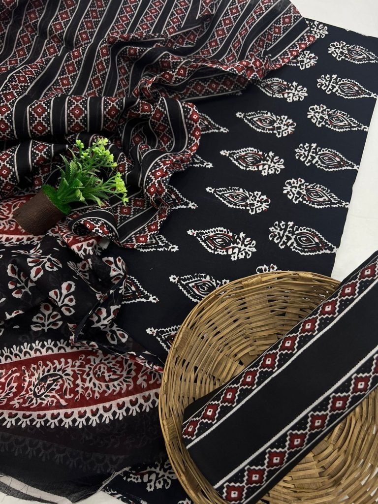 Black jaipuri print salwar suit with cotton dupatta