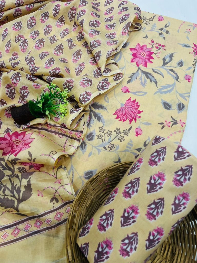 Khaki yellow cotton floral printed salwar suit online with cotton dupatta