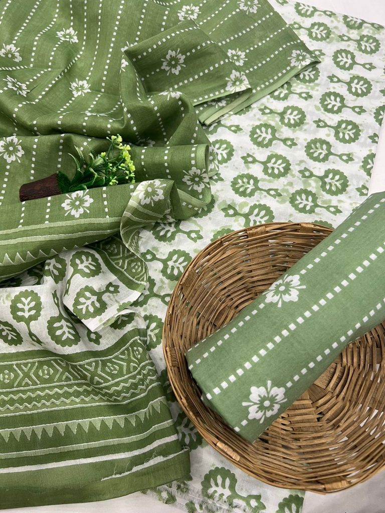 Flax Smoke green cotton block print salwar kameez online with cotton dupatta