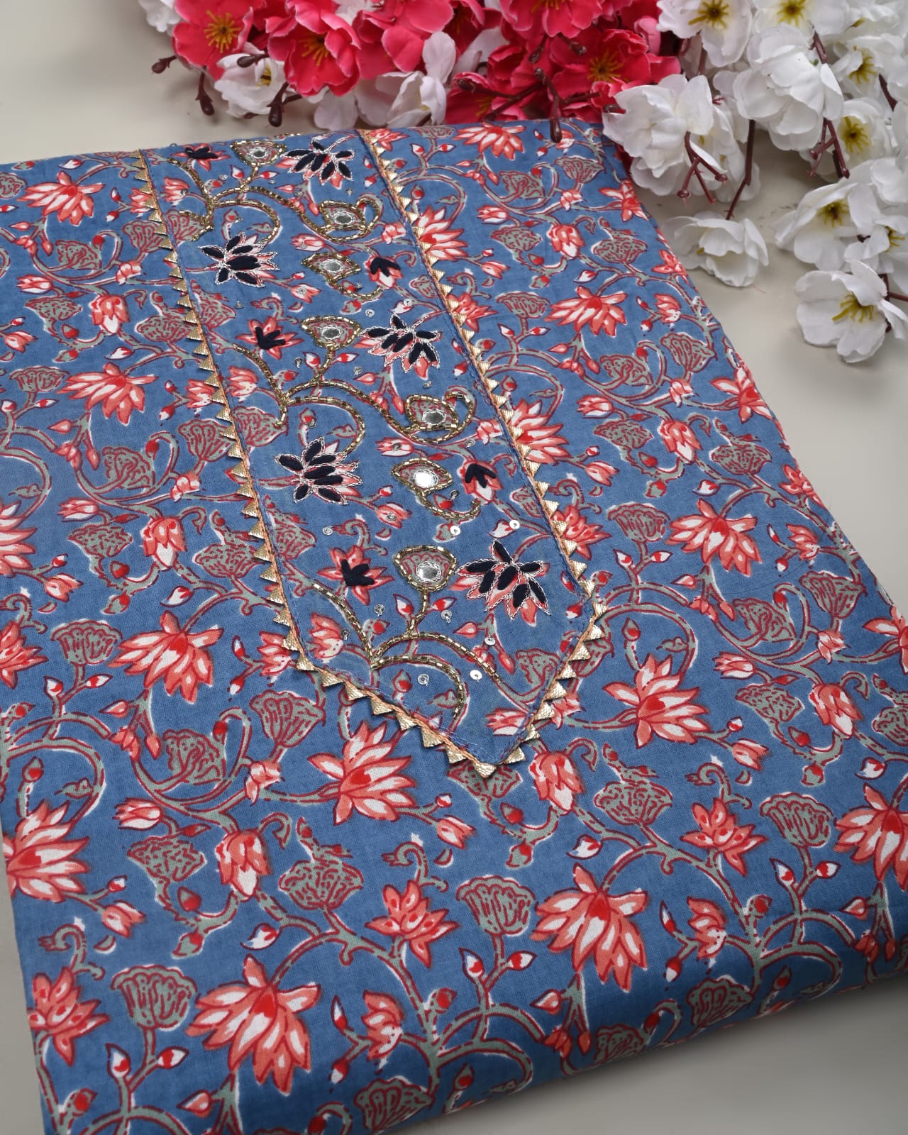 Cornflower Blue cotton gota embroidery party wear suit for ladies online with cotton dupatta