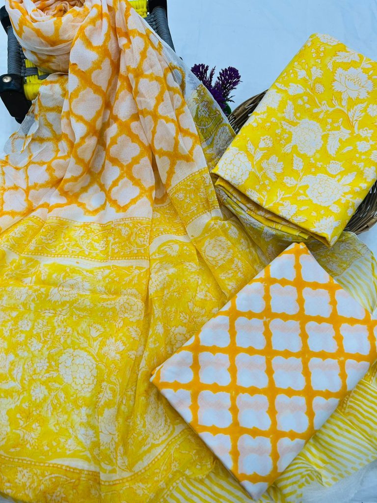 Aureolin cotton printed salwar suit material with chiffon dupatta
