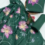 Hunter Green hand brush painted cotton salwar suit with chiffon dupatta