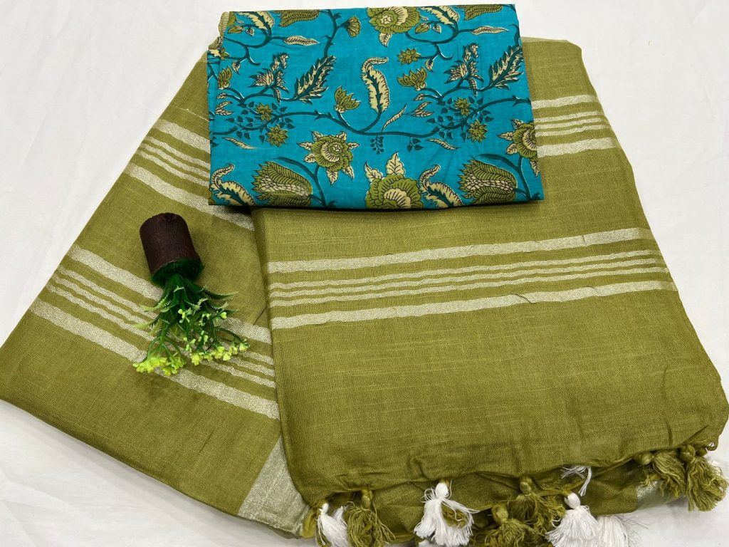 Olive green plain best linen sarees with printed cotton blouse