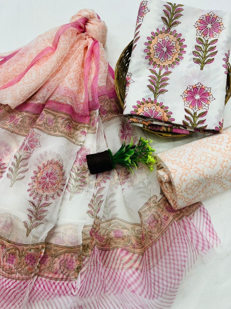 White printed cotton suits with pure dupatta