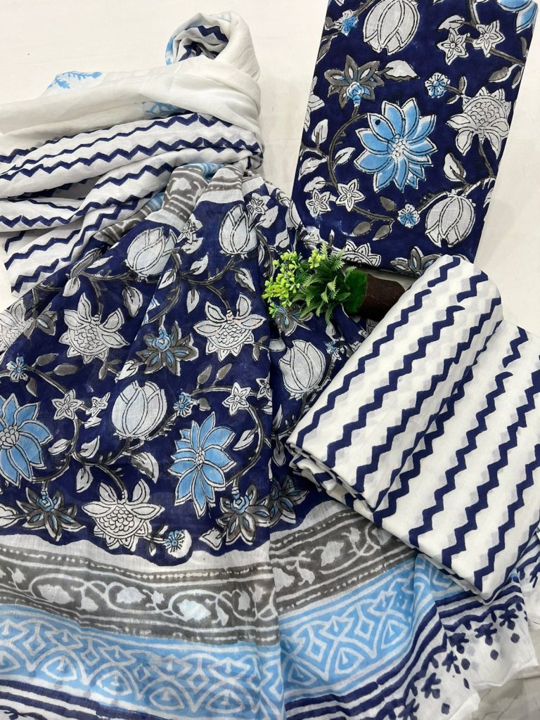 Dark midnight blue cotton printed fabric wholesale with cotton dupatta