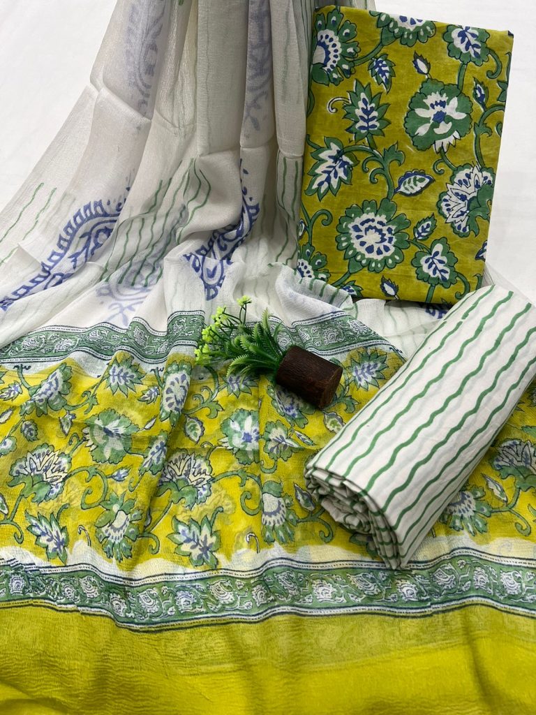 Asparagus lemon cotton dress material with chiffon dupatta