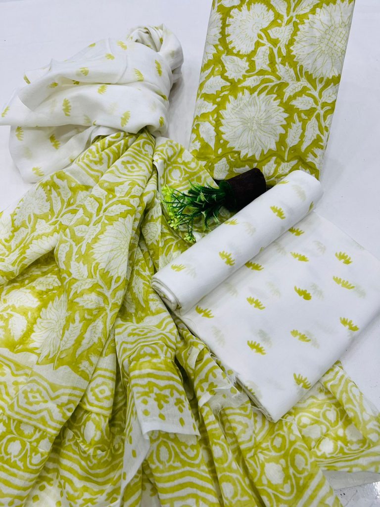 Asparagus cotton printed designer dresses with cotton dupatta