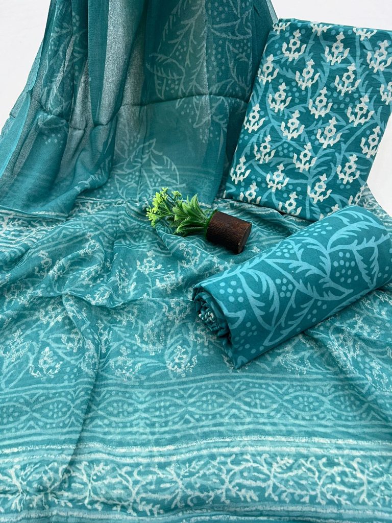 Blue Green discharge print cotton dress material with chiffon dupatta