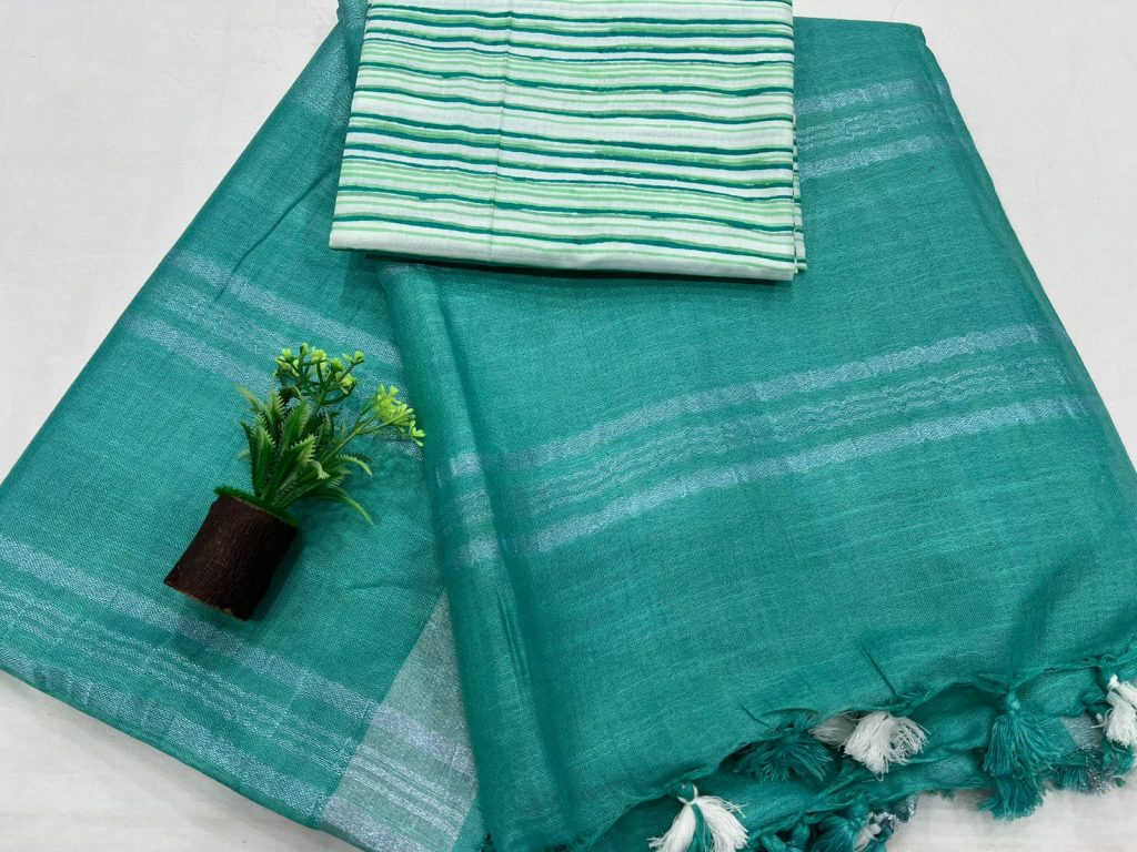 Blue Green linen saree with cotton blouse block print designs