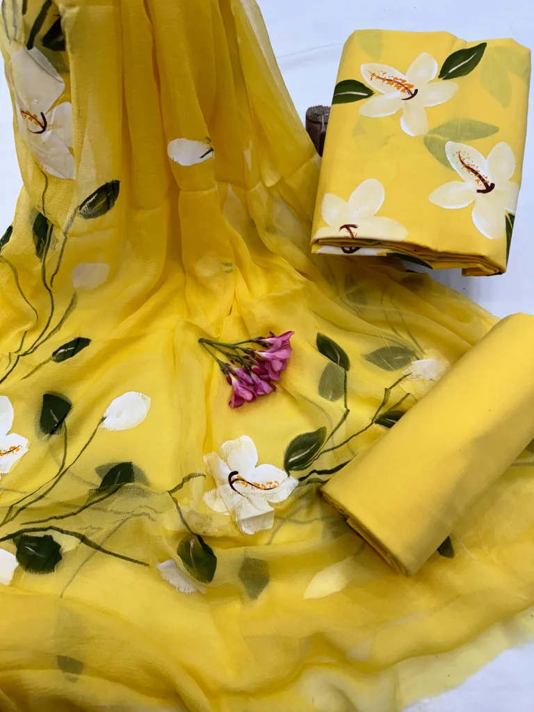 Dark yellow hand brush painted indian cotton dresses for sale with chiffon dupatta