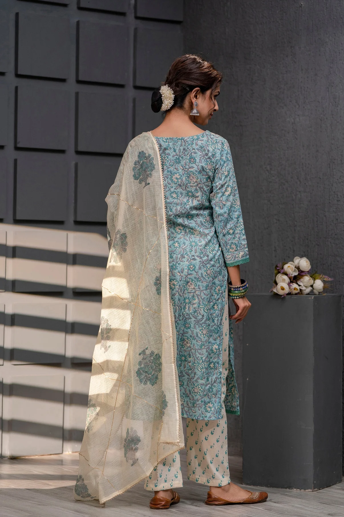 Readymade Arctic Nights Blue And Off White Cotton Party Wear Ladies Suit With Lace Work Kota Doriya Dupatta