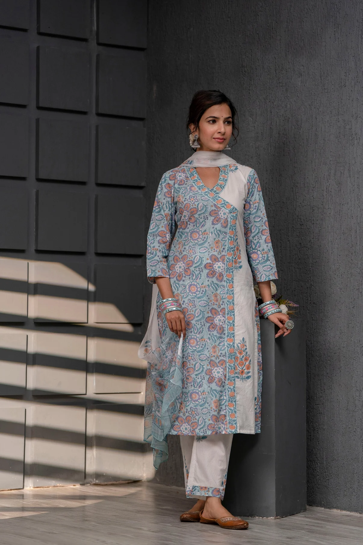 Readymade Baby Blue And White Cotton Printed Suit For Ladies With Chiffon Dupatta