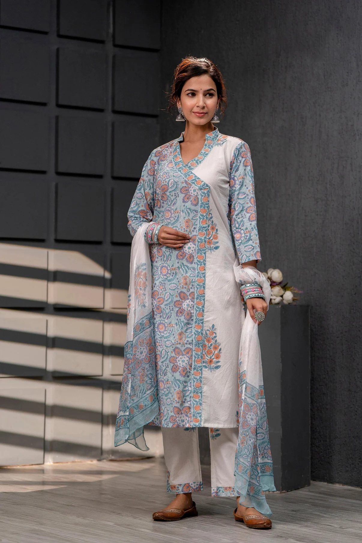 Readymade Baby Blue And White Cotton Printed Suit For Ladies With Chiffon Dupatta