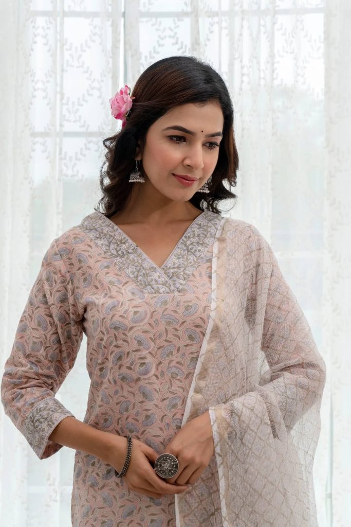 Stitched Baby Pink Kota Doria Dupatta Cotton Salwar Suit For Interview