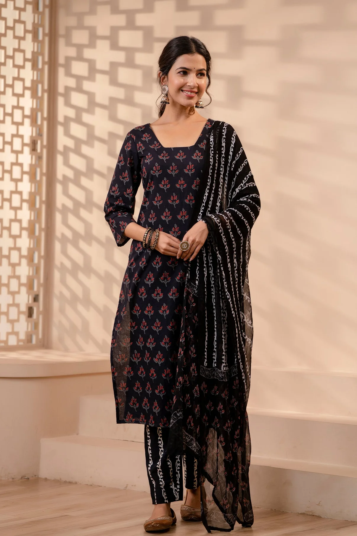 Stitched Black Hand Block Printed Pure Cotton Suit With Chiffon Dupatta