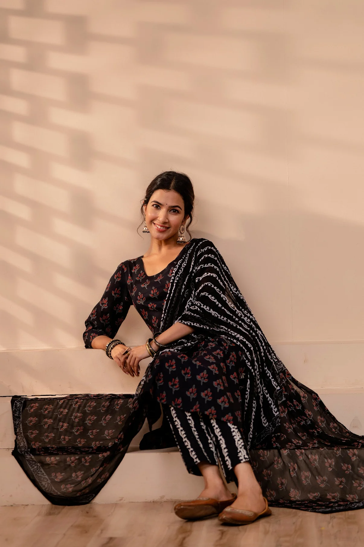 Stitched Black Hand Block Printed Pure Cotton Suit With Chiffon Dupatta