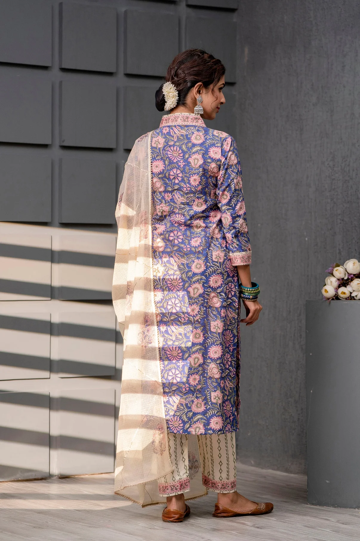 Stitched Cosmic Cobalt Cotton Party Wear Suit Salwar Design With Work Kota Doria Dupatta