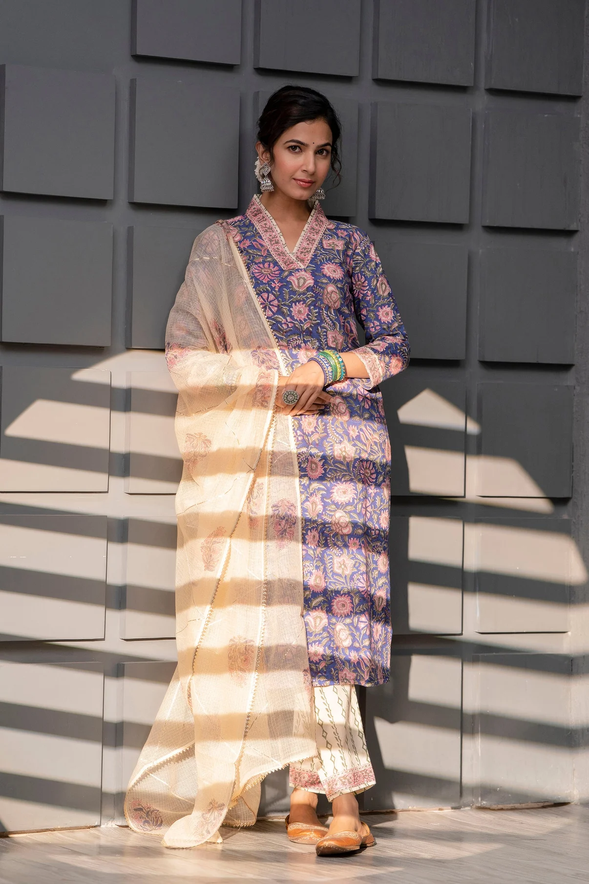 Stitched Cosmic Cobalt Cotton Party Wear Suit Salwar Design With Work Kota Doria Dupatta