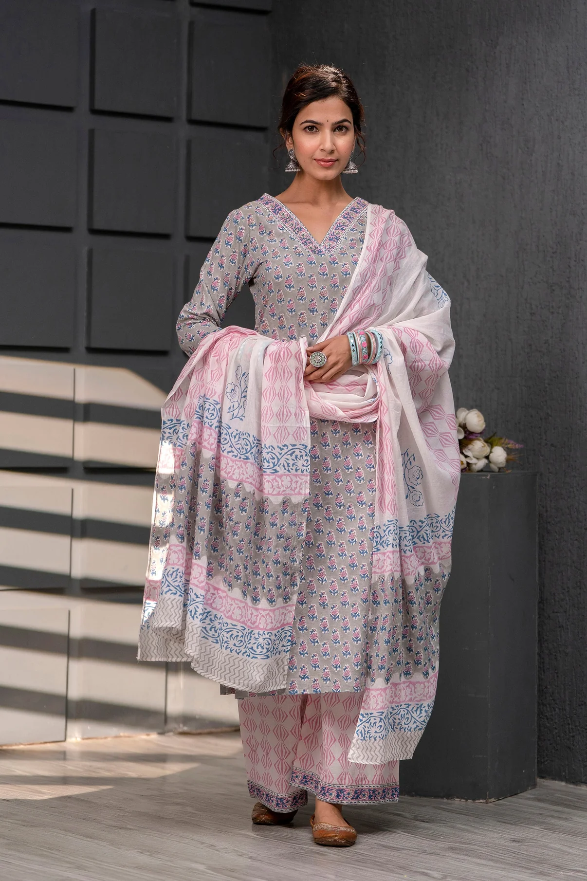 Stitched Gray Hand Block Printed Pure Cotton Suits With Cotton Dupatta