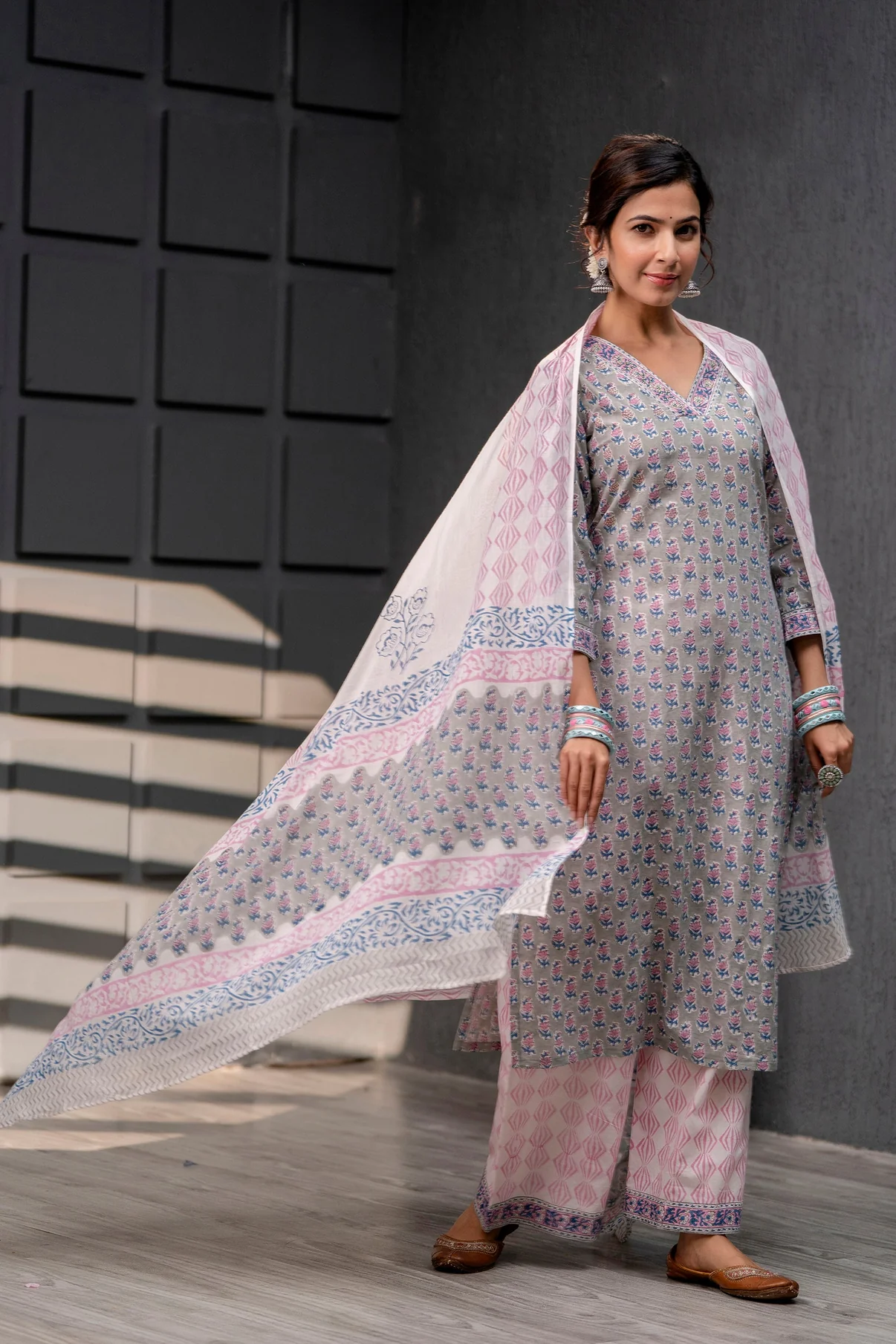 Stitched Gray Hand Block Printed Pure Cotton Suits With Cotton Dupatta