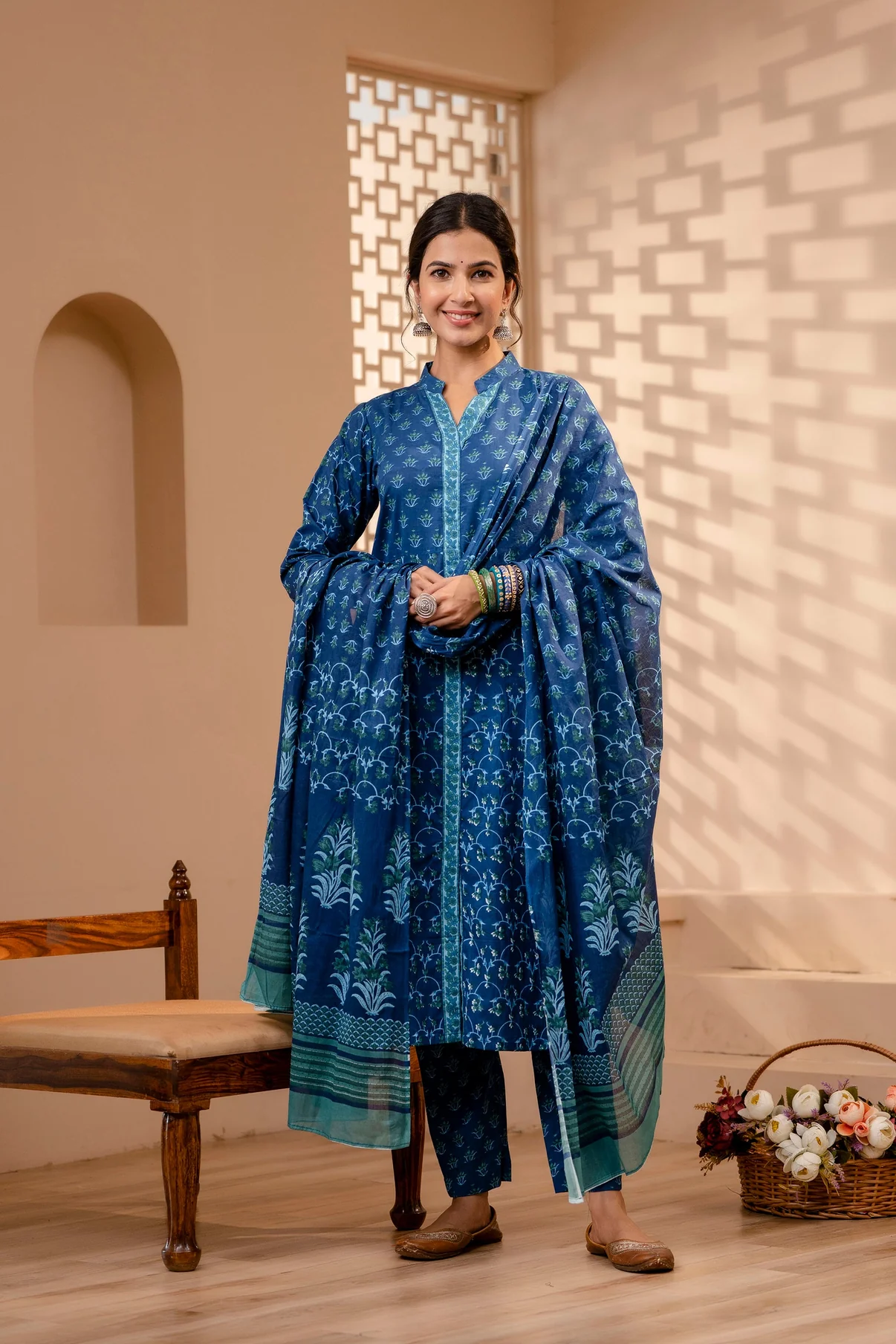 Stitched Persian Blue Salwar Suit Cotton Fabric Online With Cotton Dupatta