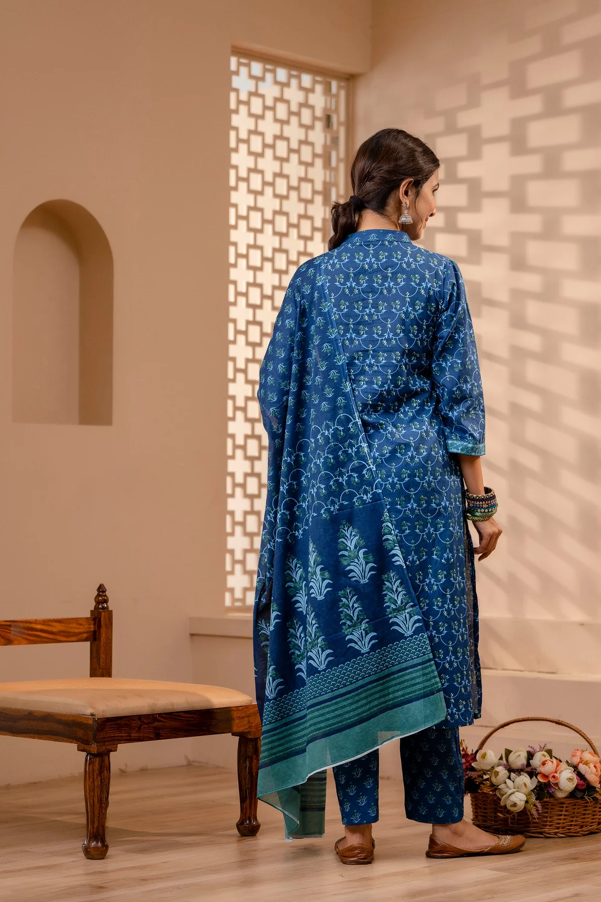 Stitched Persian Blue Salwar Suit Cotton Fabric Online With Cotton Dupatta