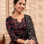 Stitched Pure Black And Red Block Printed Cotton Suits With Chiffon Dupatta Online