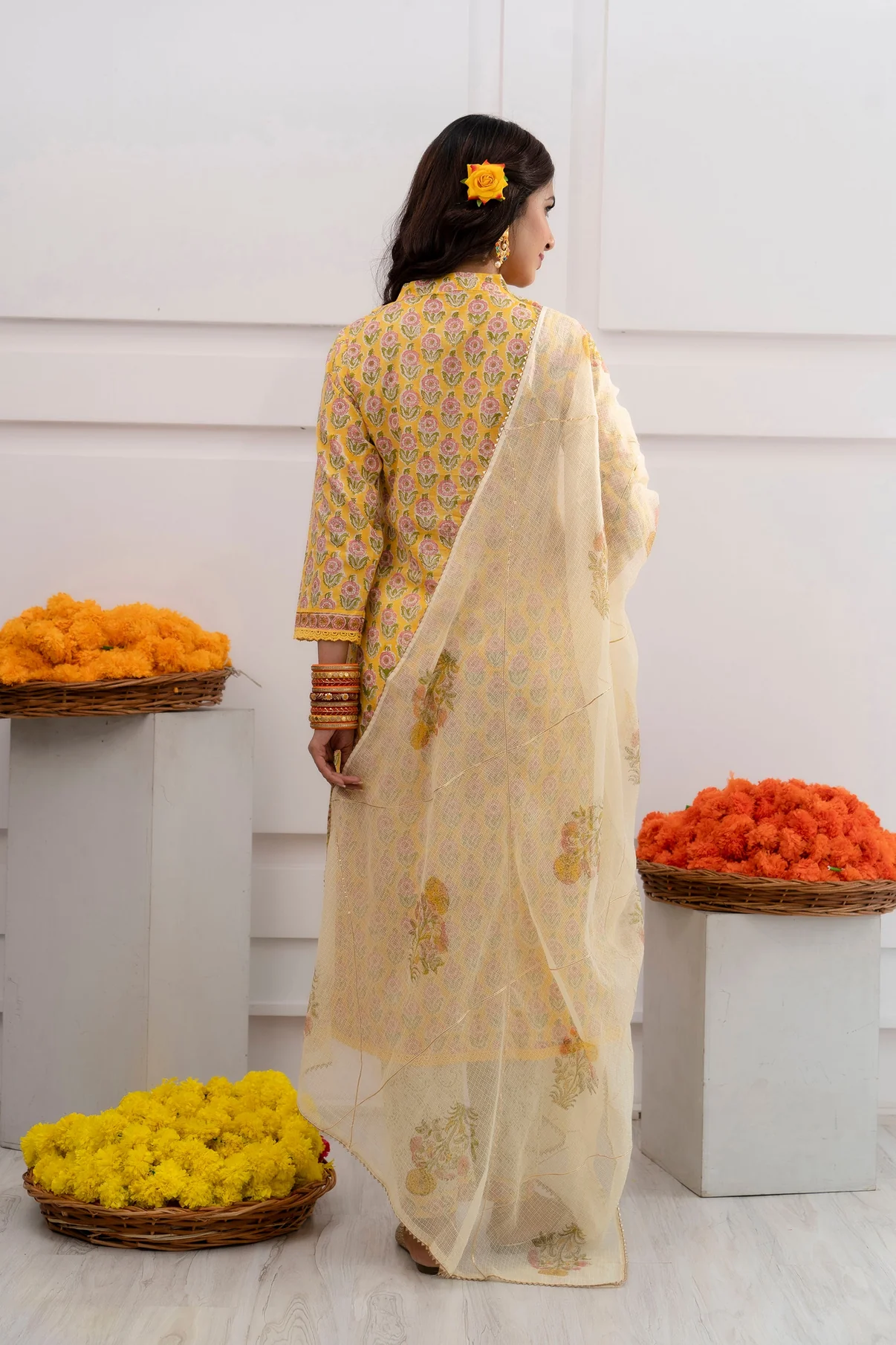 Stitched Saffron Sunset Cotton Party Wear Suit Ladies With Lace Work Kota Doriya Dupatta