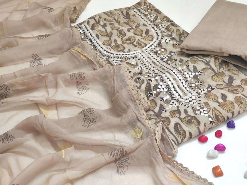Khaki heavy embroidery work party wear ladies suits online