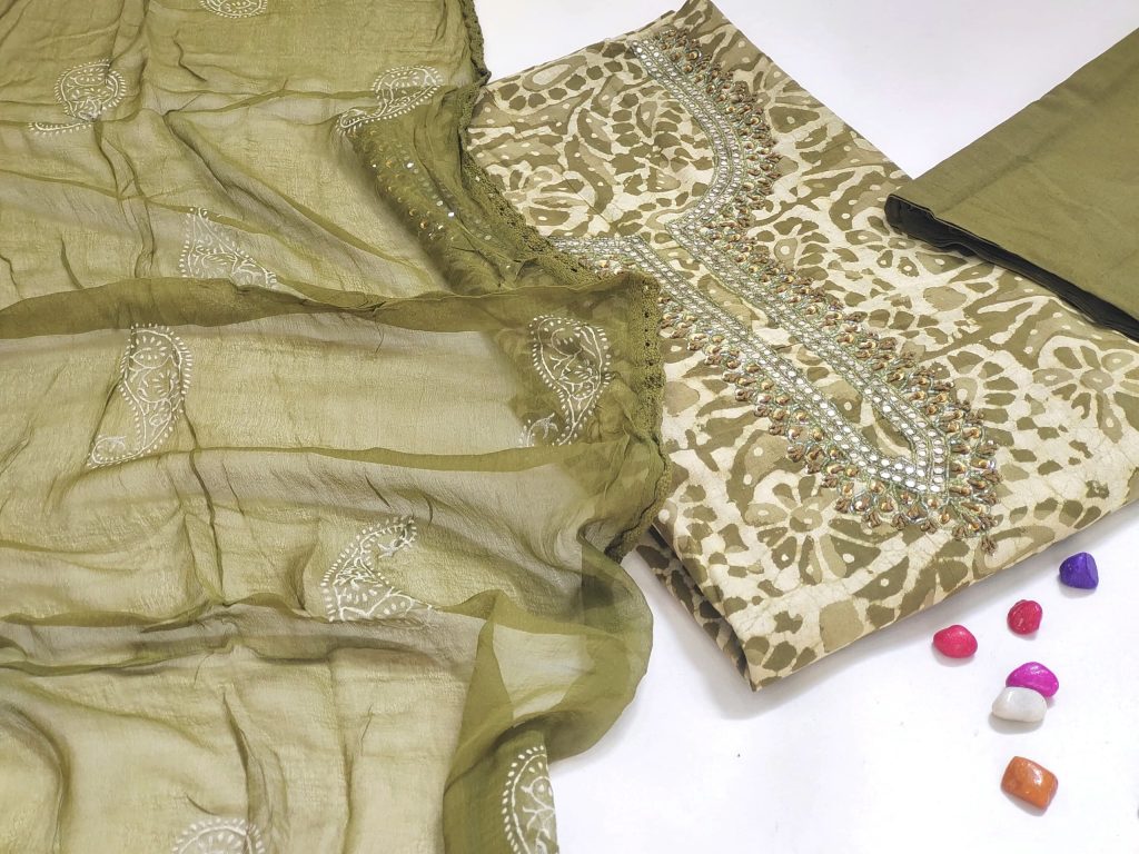 Olive green hand embroidery party wear suit punjabi for ladies