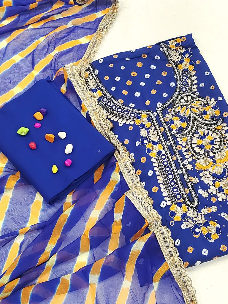 Smalt blue hand embroidery work party wear suit salwar with bandhej print