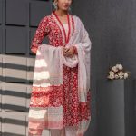 Stitched Apple Red Gad Print Ladies Suit Cotton With Mulmul Dupatta