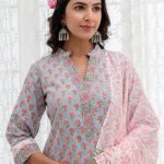 Stitched Baby Blue Pigment Print Cotton Suits Online With Mulmul Dupatta