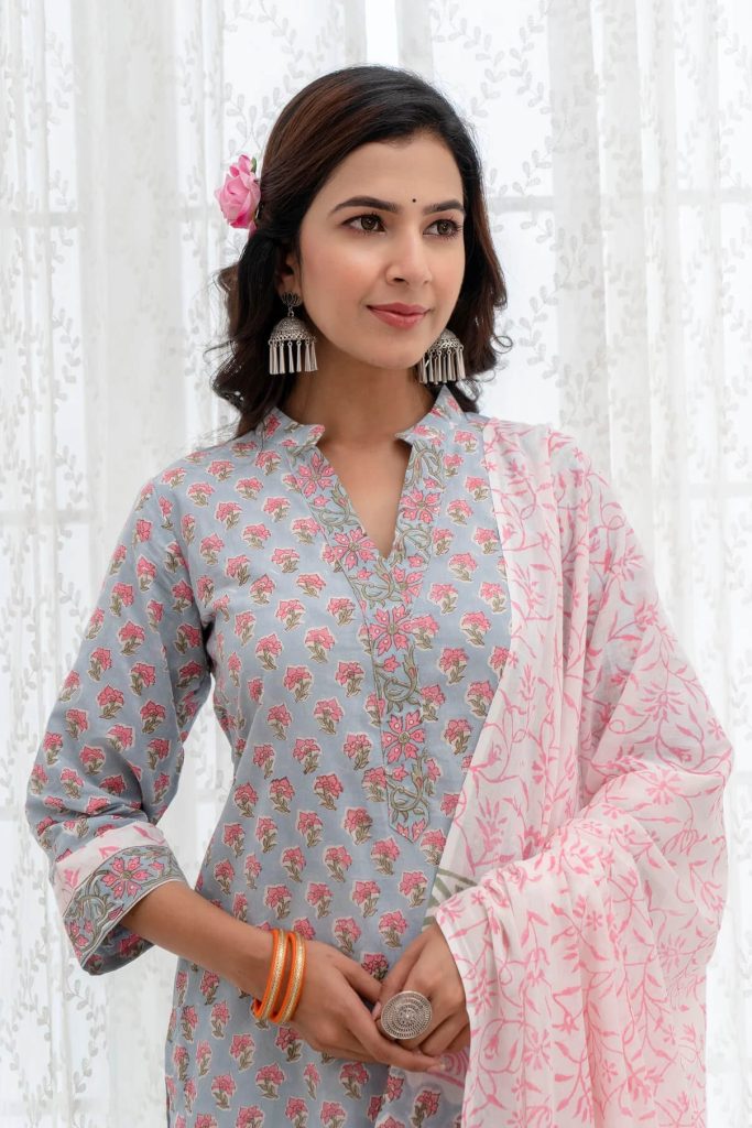 Stitched Baby Blue Pigment Print Cotton Suits Online With Mulmul Dupatta