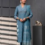 Stitched Light Navy Blue Gold Khadi Print Cotton Suit With Mulmul Dupatta