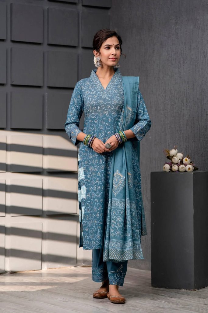 Stitched Light Navy Blue Gold Khadi Print Cotton Suit With Mulmul Dupatta