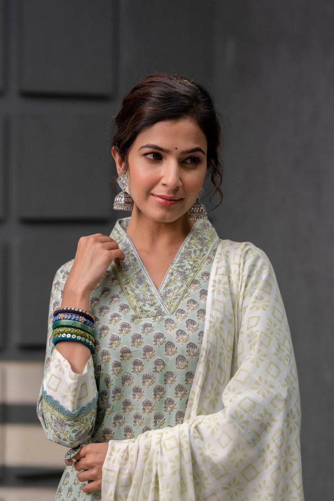 Stitched Pale Leaf Green Printed Dress Suits For Women With Cotton Dupatta