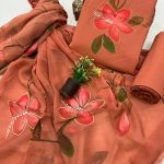 Terracotta Bloom Brush Painted Cotton Suit with Airy Chiffon Dupatta