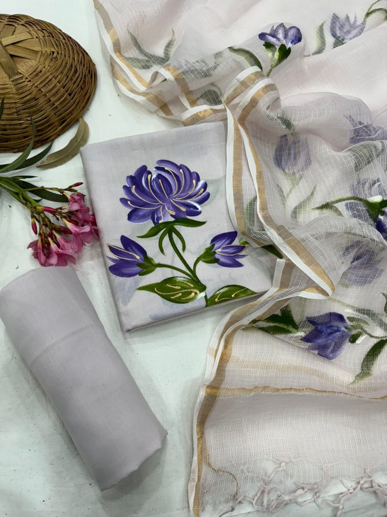 Lavender Floral Hand Brush Painted Cotton Set with Light Dupatta