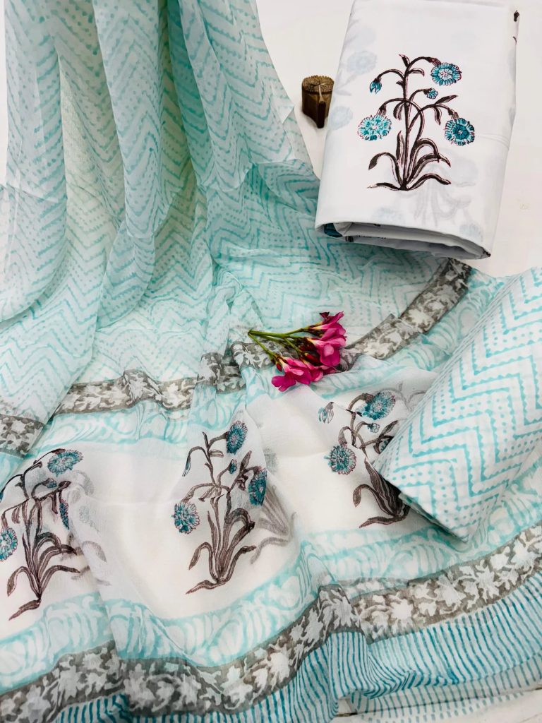 Aquamarine Cotton Suit with Hand Block Print & Exquisite Chiffon Dupatta