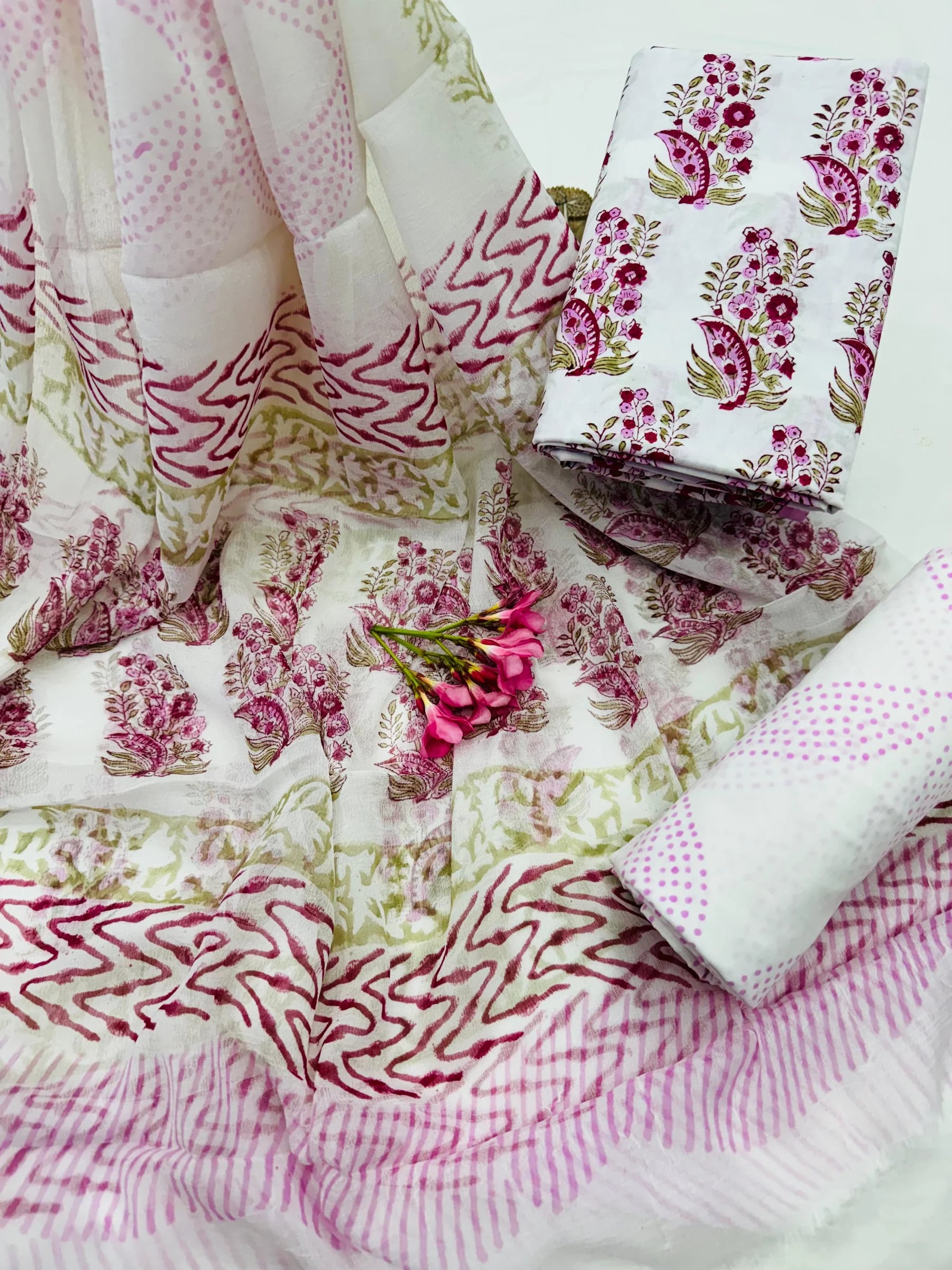 Blush Pink Summer Cotton Suit with Hand Block Print & Chiffon Dupatta