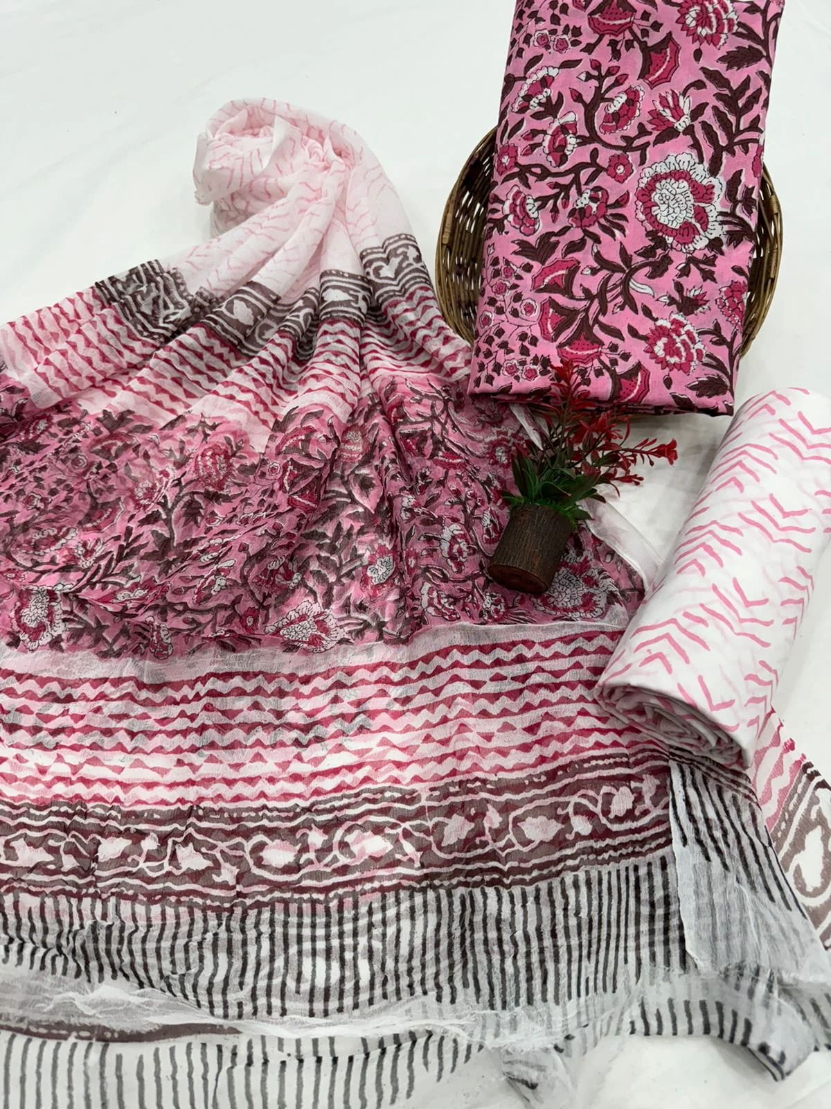Chic Pink Cotton Suit with Grey Hand Block Print and Chiffon Dupatta for Summer