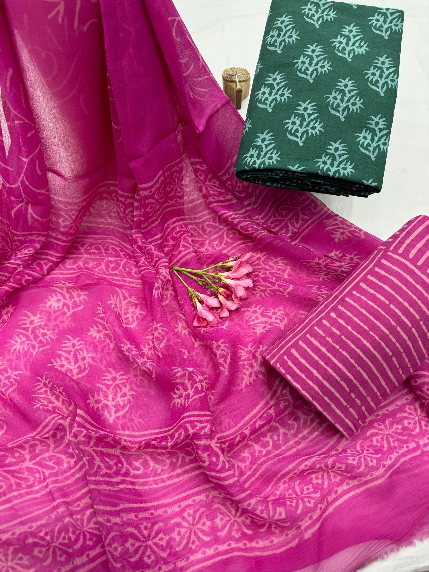 Fuchsia Floral Cotton Suit with Geometric Chiffon Dupatta