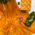 Golden Yellow Cotton Suit with Olive Chiffon Dupatta
