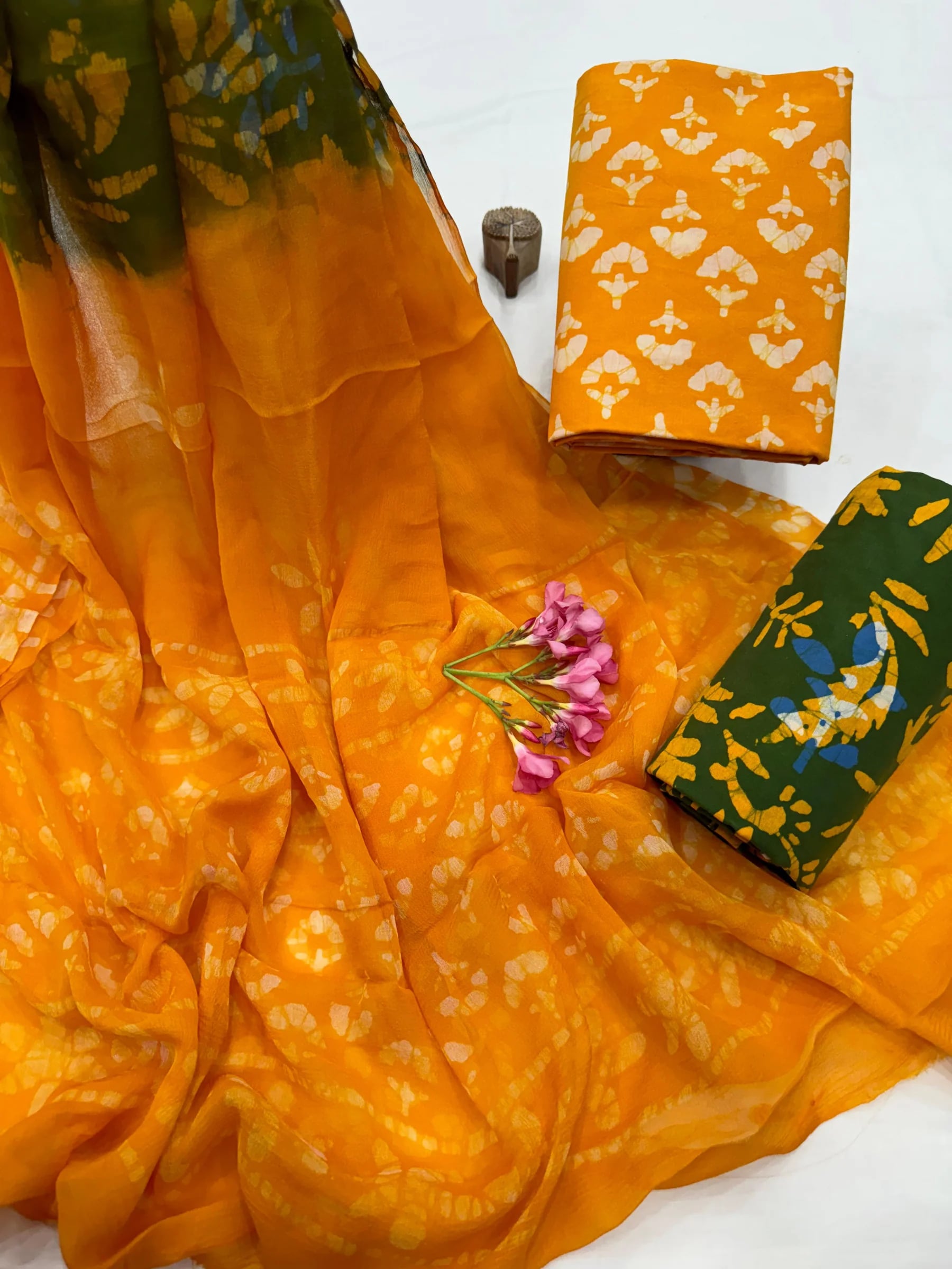 Golden Yellow Cotton Suit with Olive Chiffon Dupatta