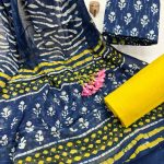 Navy and Yellow Block Print Cotton Suit with Contrast Dupatta
